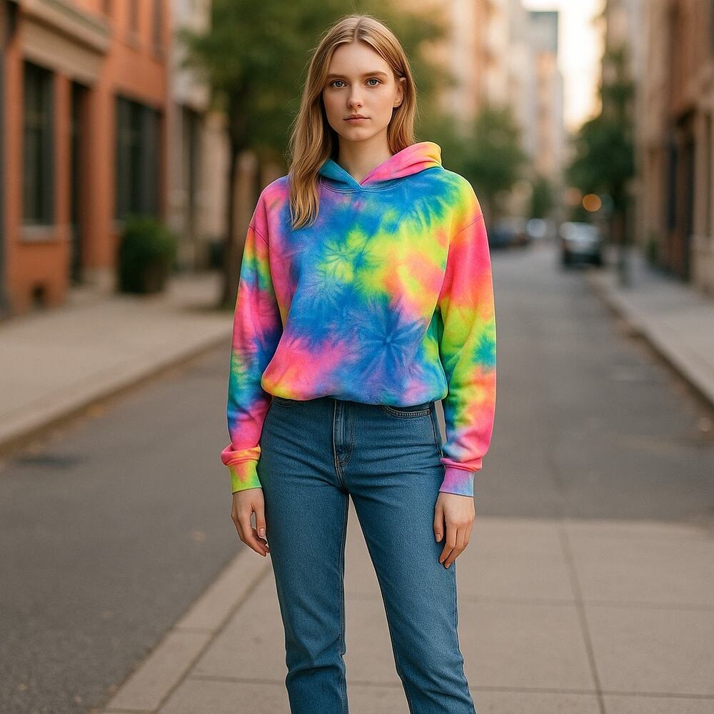 Dyce Active Womens Hoodie Size Large Neon Rainbow Crop Cropped